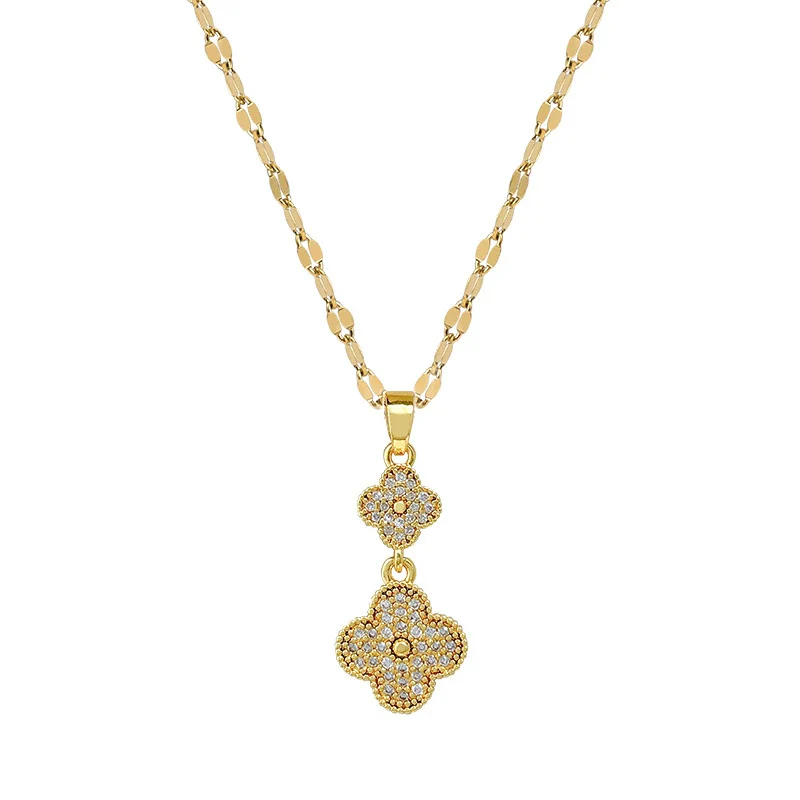 Wholesale Women's Titanium Steel And Copper Necklace With Geometric Pattern And Diamond Treatment Featuring Four Leaf Flower Design - Image 5