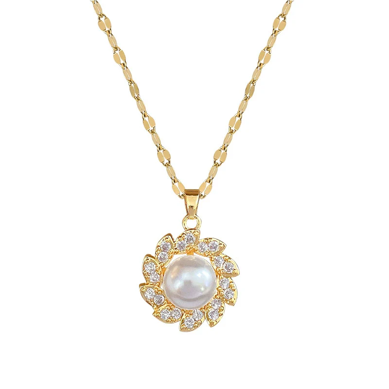 Wholesale Women's Titanium Steel And Copper Necklace With Rotating Pearl And Geometric Diamond Design Cartoon Style - Image 5
