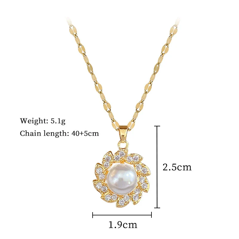 Wholesale Women's Titanium Steel And Copper Necklace With Rotating Pearl And Geometric Diamond Design Cartoon Style - Image 6