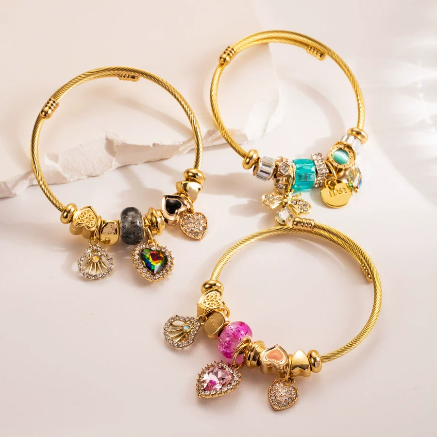 Wholesale Women's Titanium Steel Bracelet With Rhinestone Love Bee Pendant And Heart Animal Zodiac Patterns