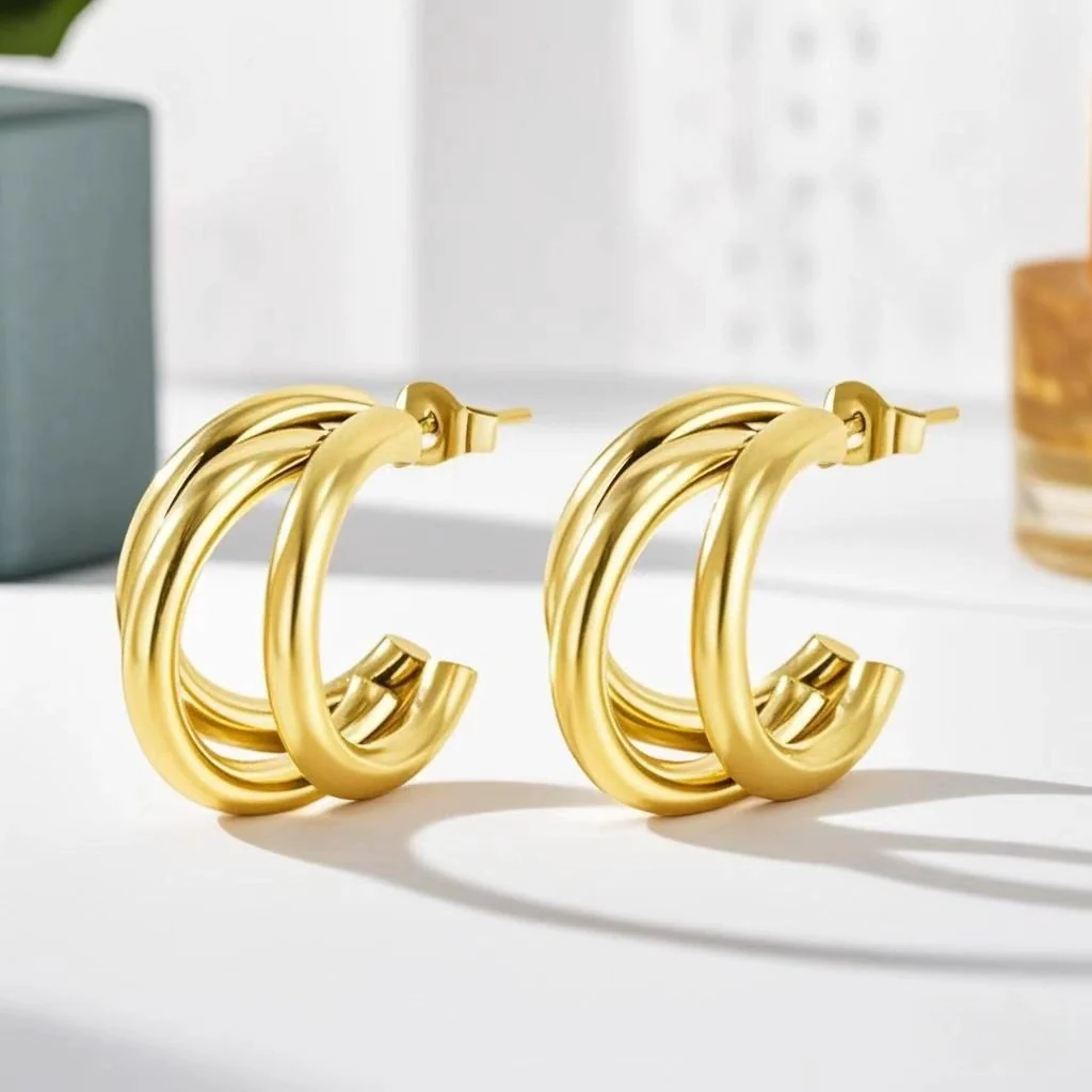 Wholesale Women's Titanium Steel Cshaped Multilayered Electroplated Elegant Fashionable Trendy Circle Earrings