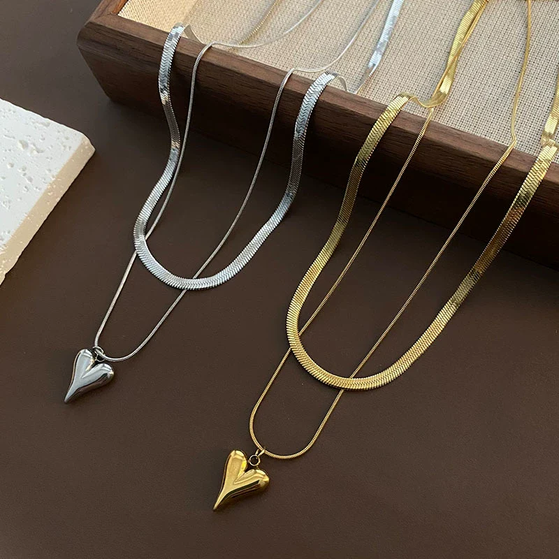 Wholesale Women's Titanium Steel Double Layer Stacked Love Snake Bone Chain Necklace Light Luxury Style With Heart And Geometric Pattern Electroplated