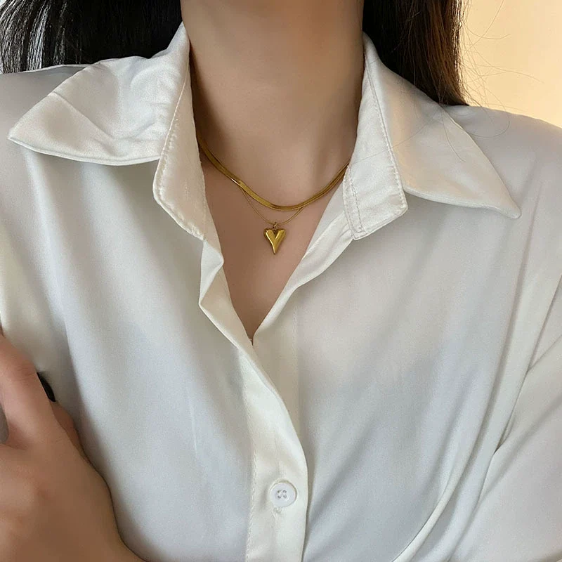 Wholesale Women's Titanium Steel Double Layer Stacked Love Snake Bone Chain Necklace Light Luxury Style With Heart And Geometric Pattern Electroplated - Image 2