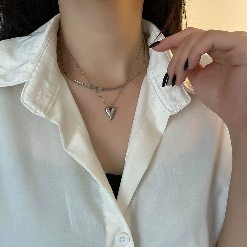 Wholesale Women's Titanium Steel Double Layer Stacked Love Snake Bone Chain Necklace Light Luxury Style With Heart And Geometric Pattern Electroplated - Image 4