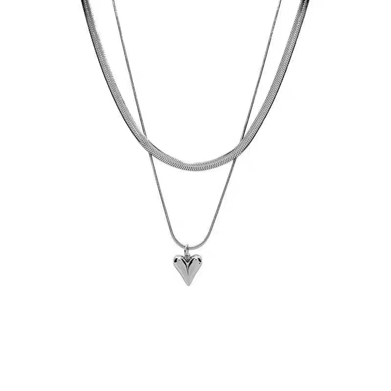 Wholesale Women's Titanium Steel Double Layer Stacked Love Snake Bone Chain Necklace Light Luxury Style With Heart And Geometric Pattern Electroplated - Image 5