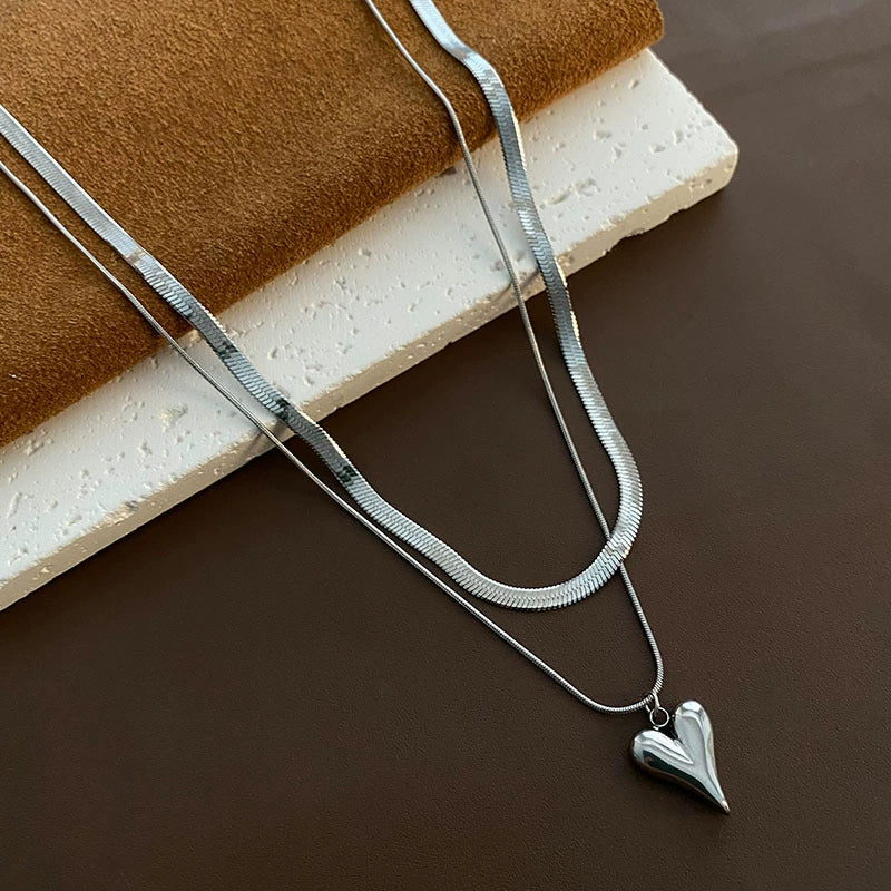Wholesale Women's Titanium Steel Double Layer Stacked Love Snake Bone Chain Necklace Light Luxury Style With Heart And Geometric Pattern Electroplated - Image 7