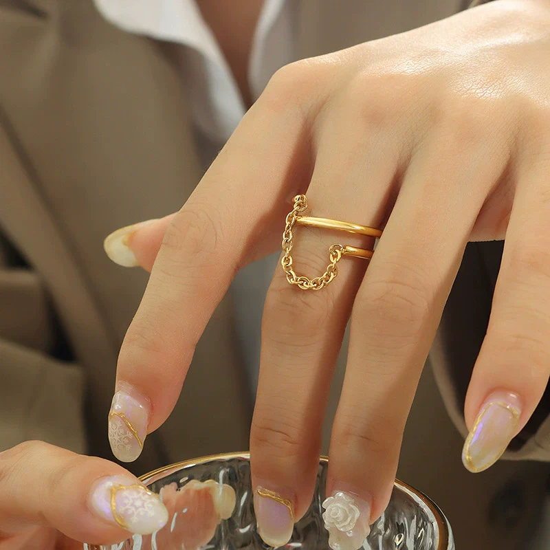Wholesale Women's 316L Stainless Steel Double Ring With Geometric Design 18K Gold Plated Electroplated - Image 4