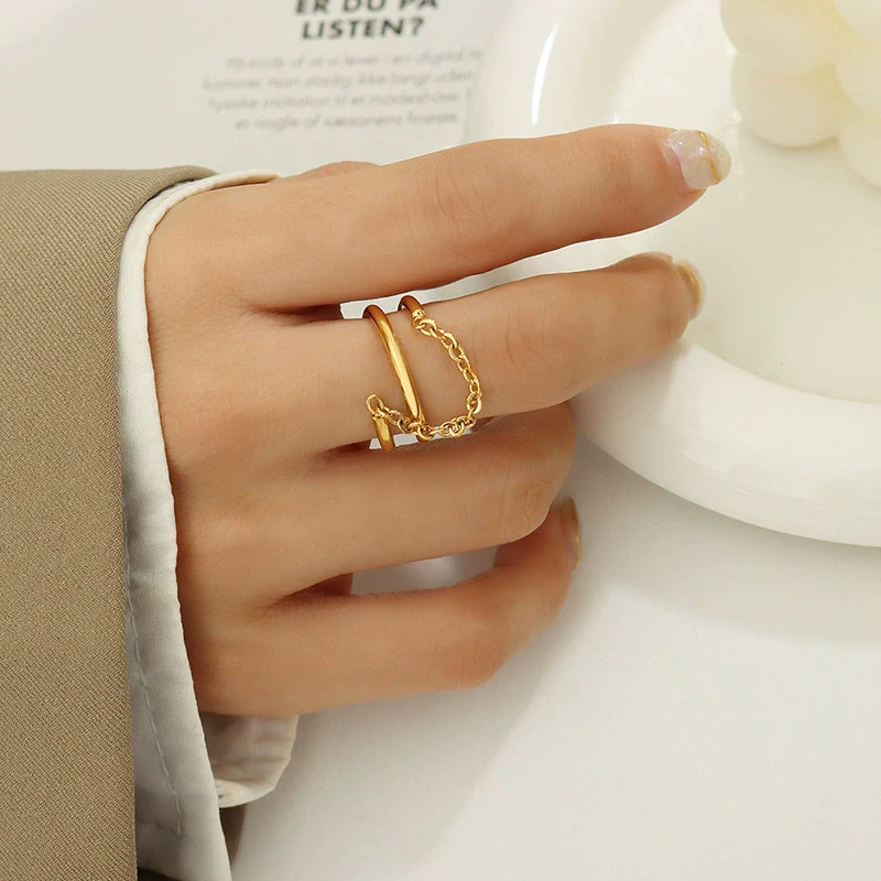 Wholesale Women's 316L Stainless Steel Double Ring With Geometric Design 18K Gold Plated Electroplated - Image 6