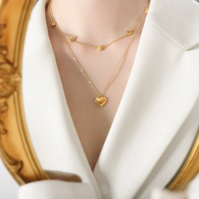 Wholesale Women's Titanium Steel Electroplated Heart Double Necklace Pendant Clavicle Chain Jewelry