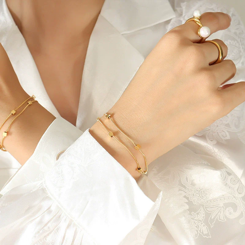 Wholesale Women's 316L Stainless Steel Geometric Doublelayer Square Bracelet Goldplated Snake Bone Chain Electroplated - Image 4