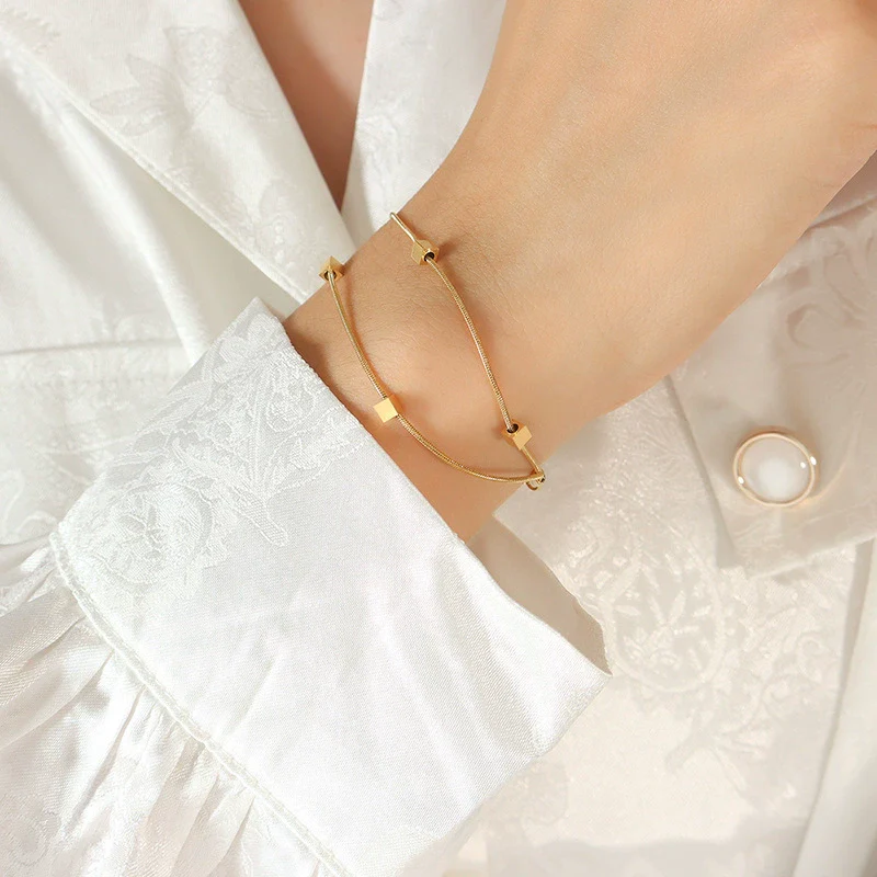 Wholesale Women's 316L Stainless Steel Geometric Doublelayer Square Bracelet Goldplated Snake Bone Chain Electroplated - Image 6