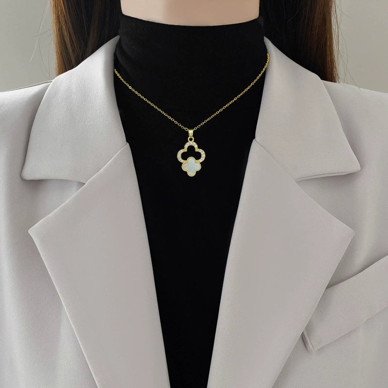 Wholesale Women's Titanium Steel Geometric Electroplated Lucky Grass Shell Micro Necklace And Earrings Set