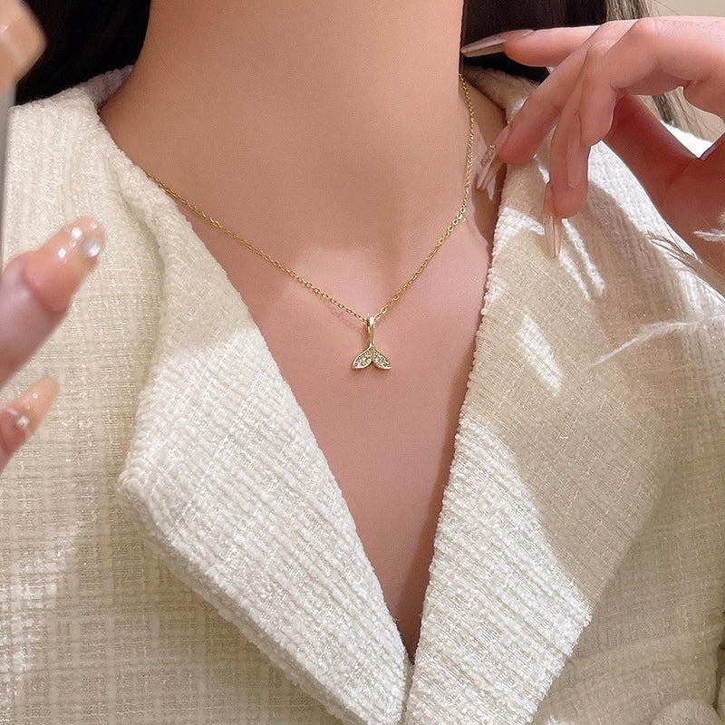 Wholesale Women's Titanium Steel Geometric Fishtail Pendant Clavicle Necklace With Microinlaid Zircon And Electroplating - Image 3