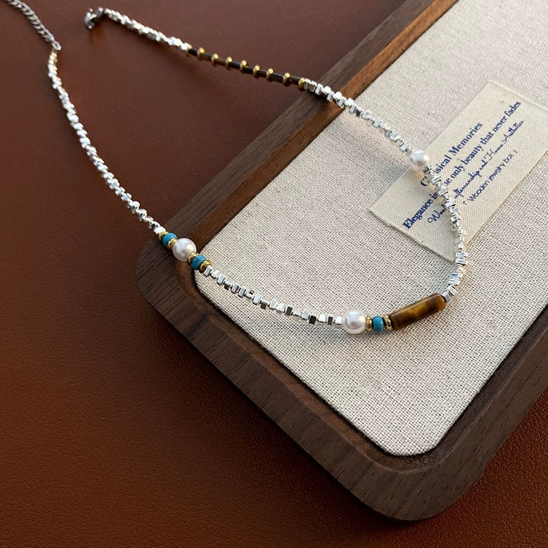 Wholesale Women's Titanium Steel Geometric Handmade Vintage Light Luxury Niche Beaded Clavicle Necklace