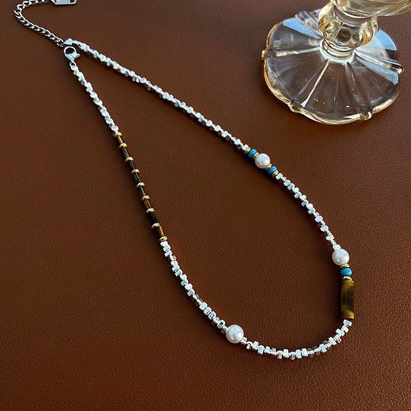 Wholesale Women's Titanium Steel Geometric Handmade Vintage Light Luxury Niche Beaded Clavicle Necklace - Image 5