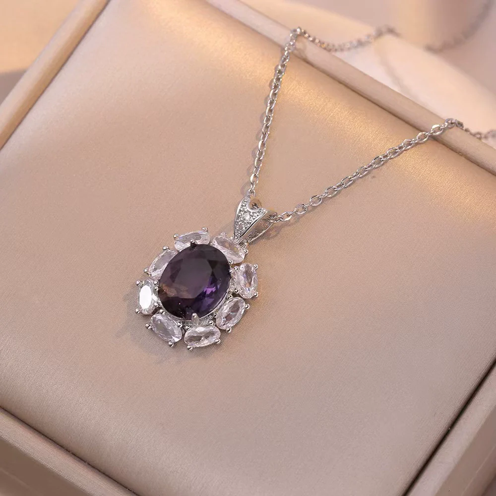 Wholesale Women's Titanium Steel Jewelry With Mixed Gemstone Inlay Geometric Pendant And O Word Chain Electroplated Design Simple Style - Image 6