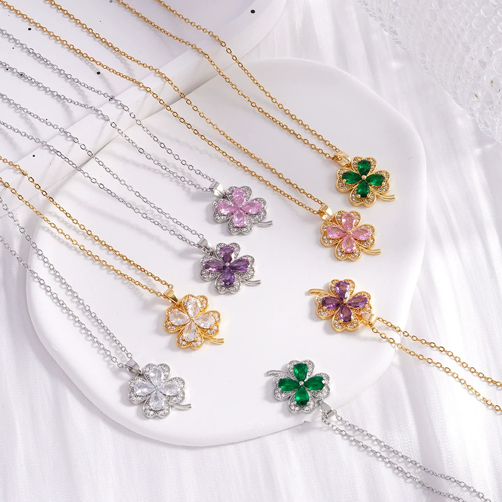 Wholesale Women's Titanium Steel Necklace With Copper Four Leaf Clover Inlaid Zircon Light Luxury Style Electroplated - Image 2