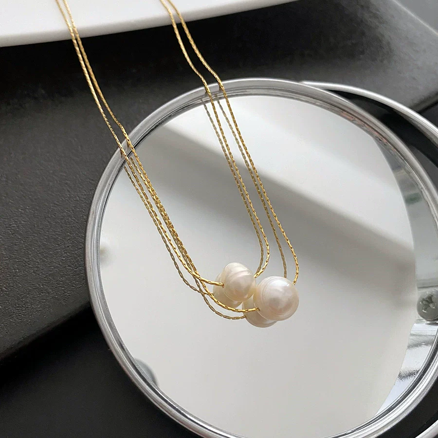 Wholesale Women's Titanium Steel Nonfading Necklace With Natural Pearl Pendant And Geometric Design Water Wave Chain - Image 3