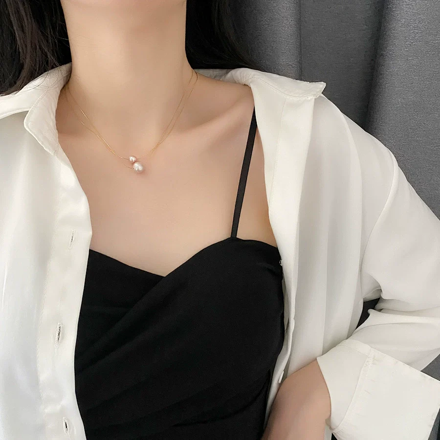 Wholesale Women's Titanium Steel Nonfading Necklace With Natural Pearl Pendant And Geometric Design Water Wave Chain - Image 4