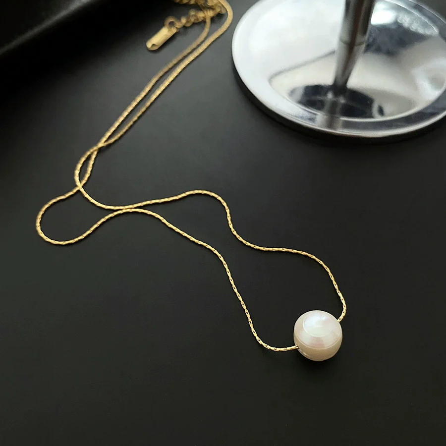 Wholesale Women's Titanium Steel Nonfading Necklace With Natural Pearl Pendant And Geometric Design Water Wave Chain - Image 7