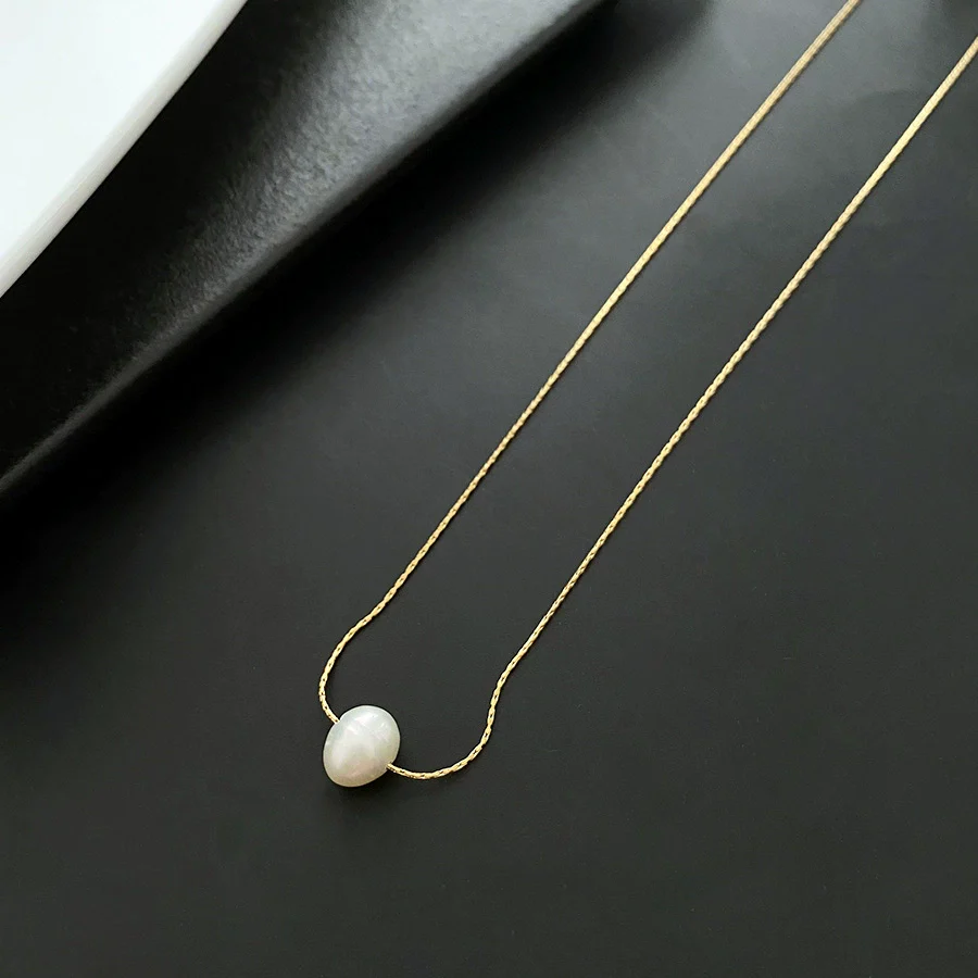 Wholesale Women's Titanium Steel Nonfading Necklace With Natural Pearl Pendant And Geometric Design Water Wave Chain - Image 8