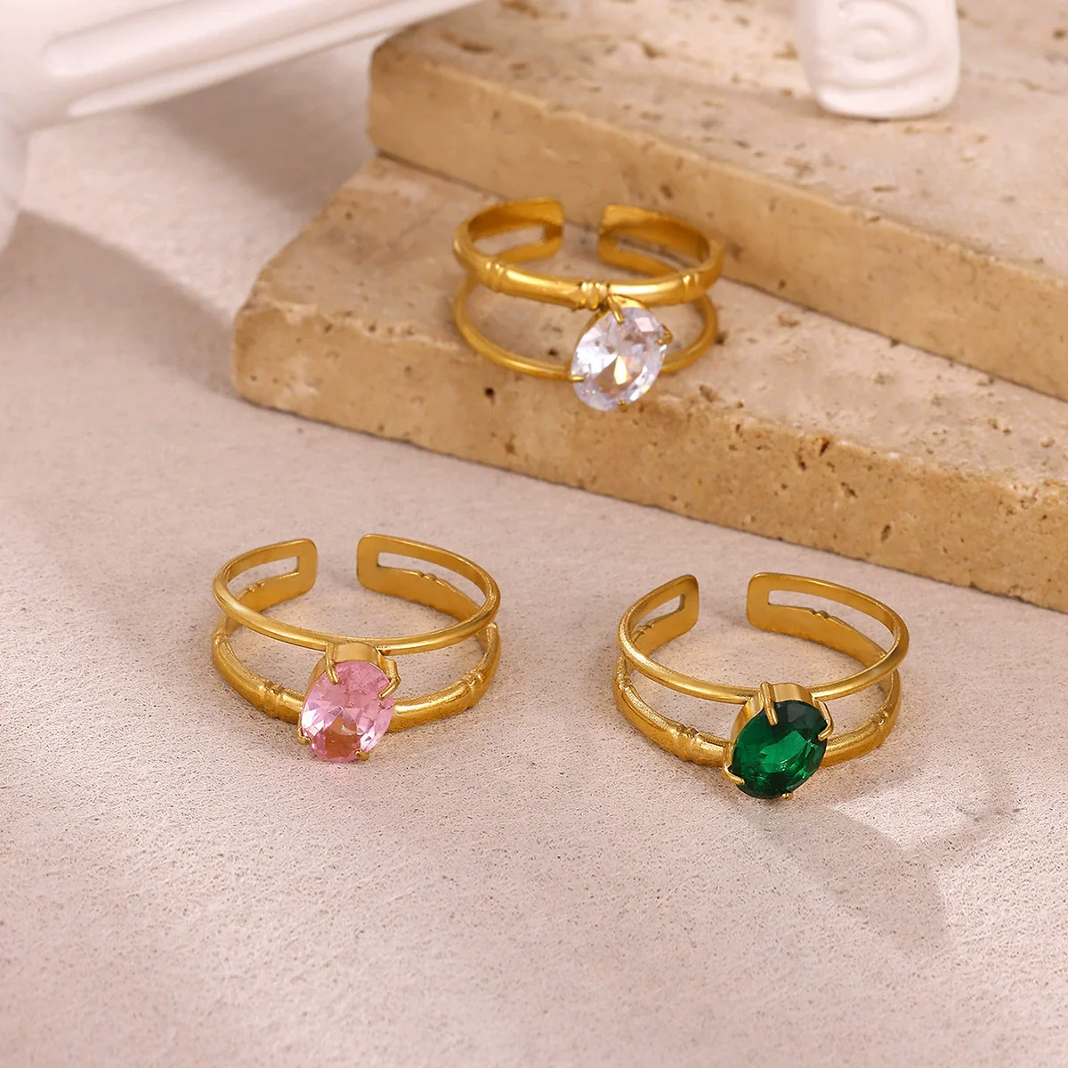 Wholesale Women's Universal Eggshaped And Fruitshaped Colorful Zircon Titanium Steel Ring With Inlaid Gold And Geometric Light Luxury Style