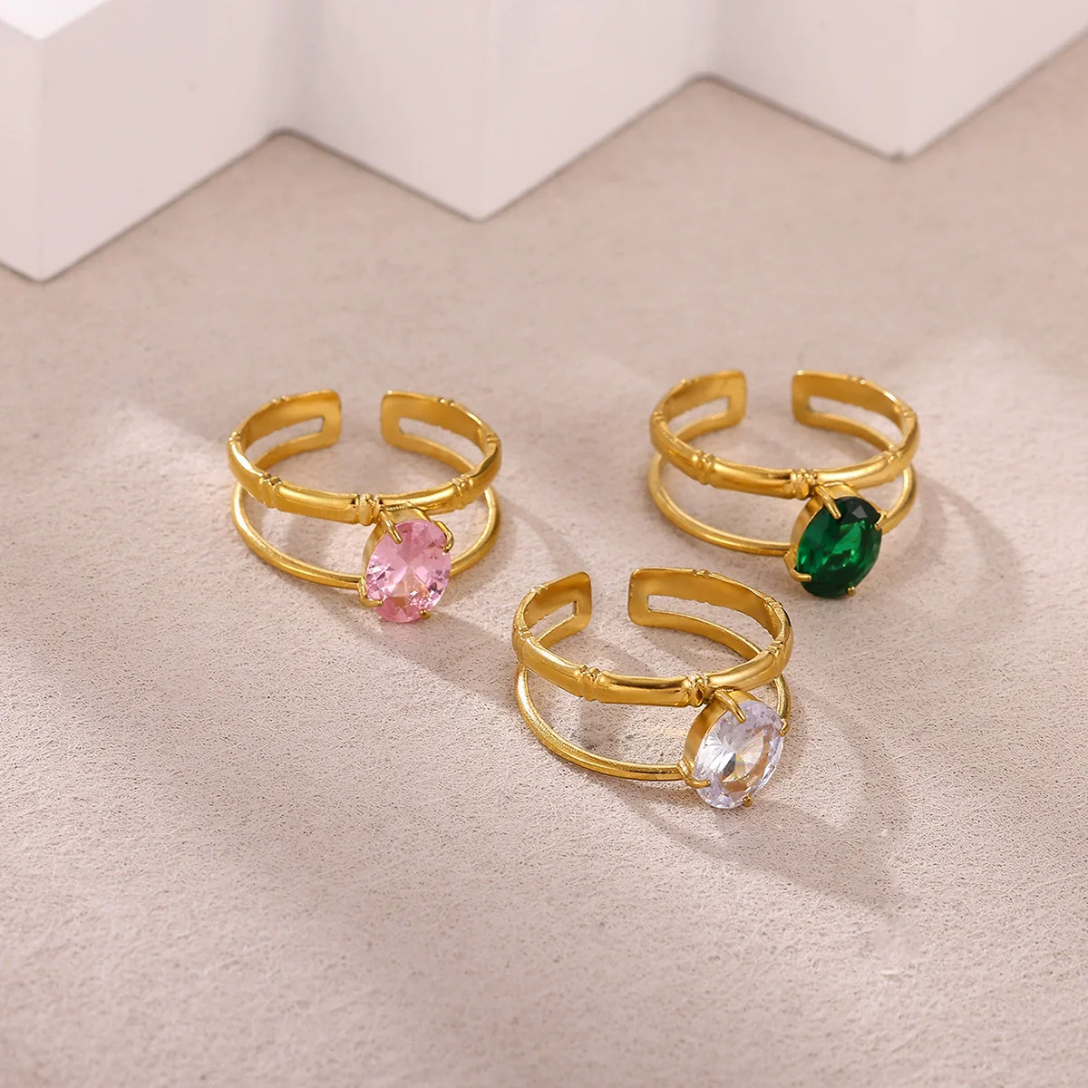 Wholesale Women's Universal Eggshaped And Fruitshaped Colorful Zircon Titanium Steel Ring With Inlaid Gold And Geometric Light Luxury Style - Image 2