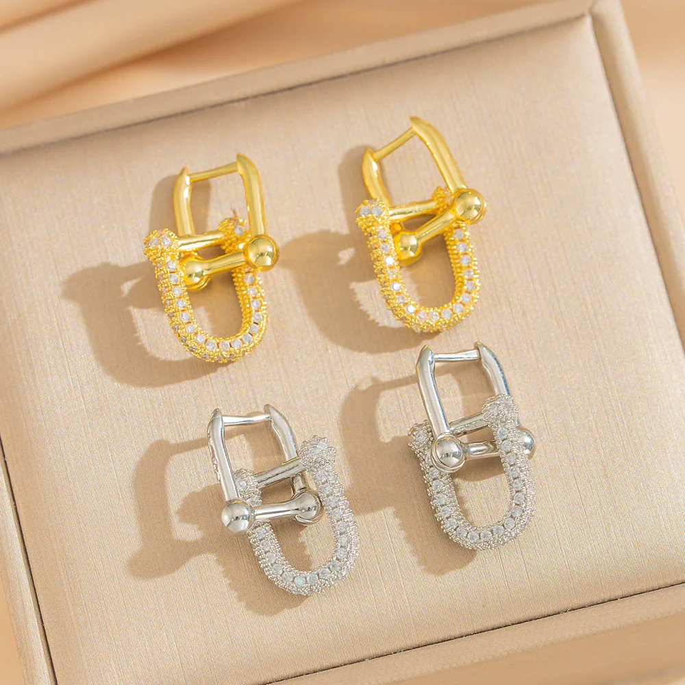 Wholesale Women's Ushaped Gold Plated Copper Electroplated Oval Double Ring Earrings