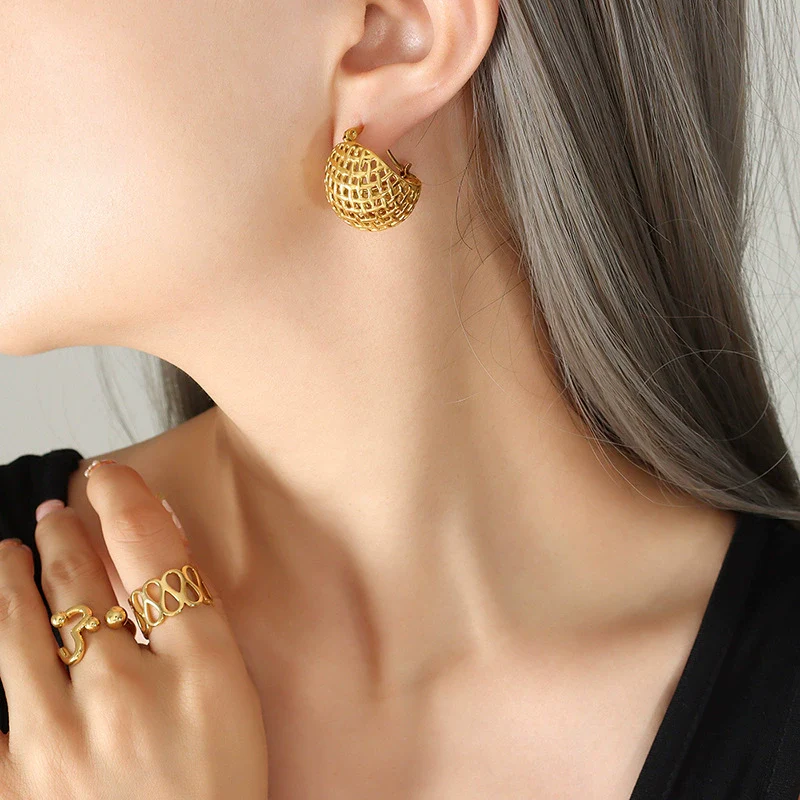 Wholesale Women's Ushaped Titanium Steel Goldplated Hemispherical Mesh Earrings