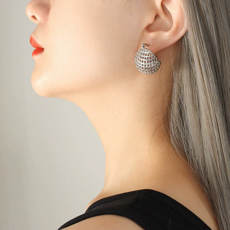 Wholesale Women's Ushaped Titanium Steel Goldplated Hemispherical Mesh Earrings - Image 4