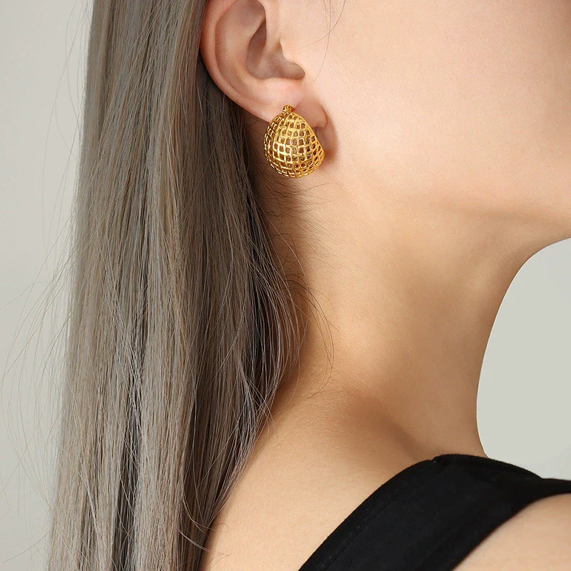 Wholesale Women's Ushaped Titanium Steel Goldplated Hemispherical Mesh Earrings - Image 5