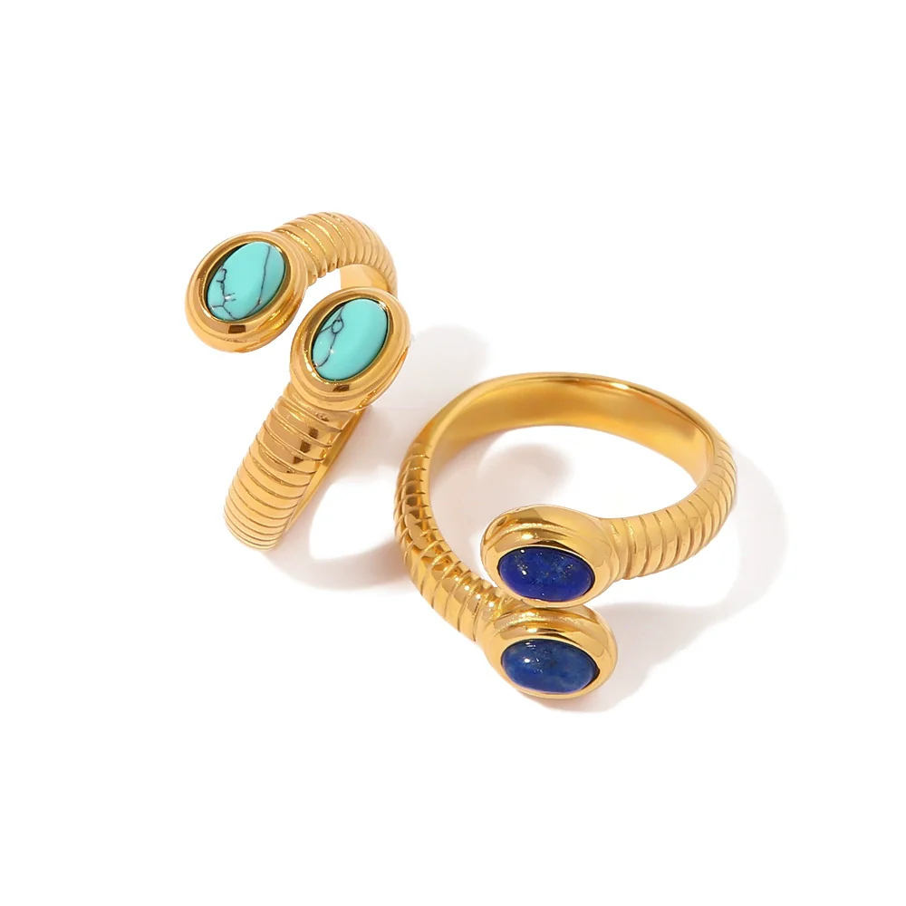 Wholesale Women's Vintage Geometric Snakeshaped Open Ring Stainless Steel Set With Precious Stones Inlaid Lapis Lazuli Turquoise
