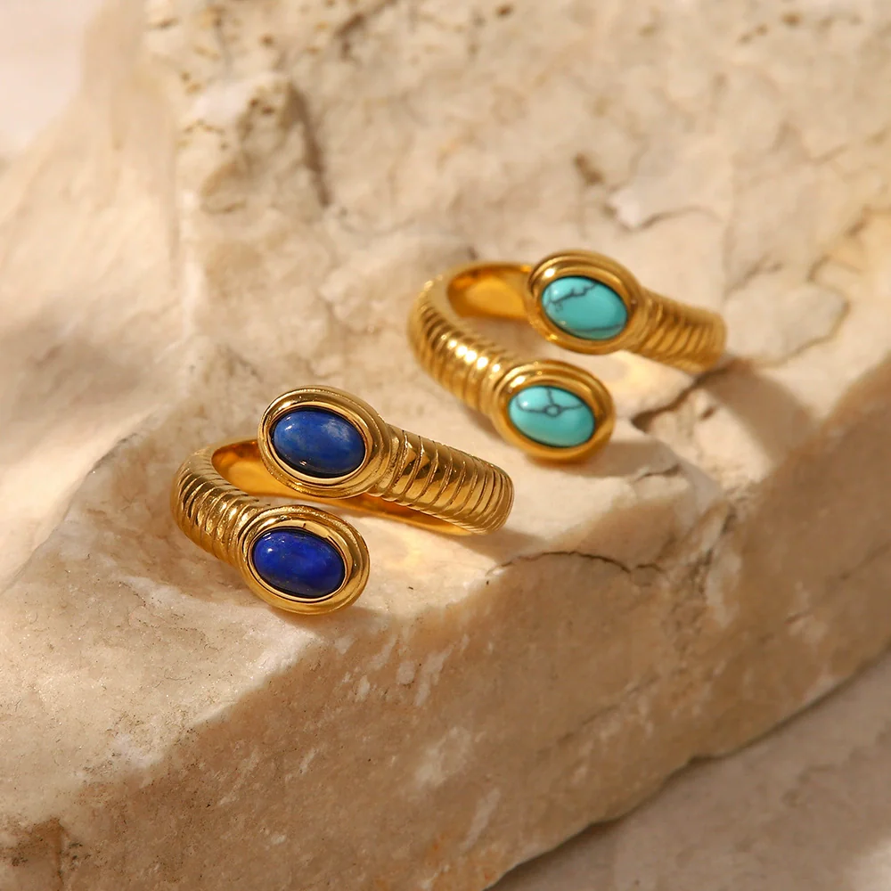 Wholesale Women's Vintage Geometric Snakeshaped Open Ring Stainless Steel Set With Precious Stones Inlaid Lapis Lazuli Turquoise - Image 3