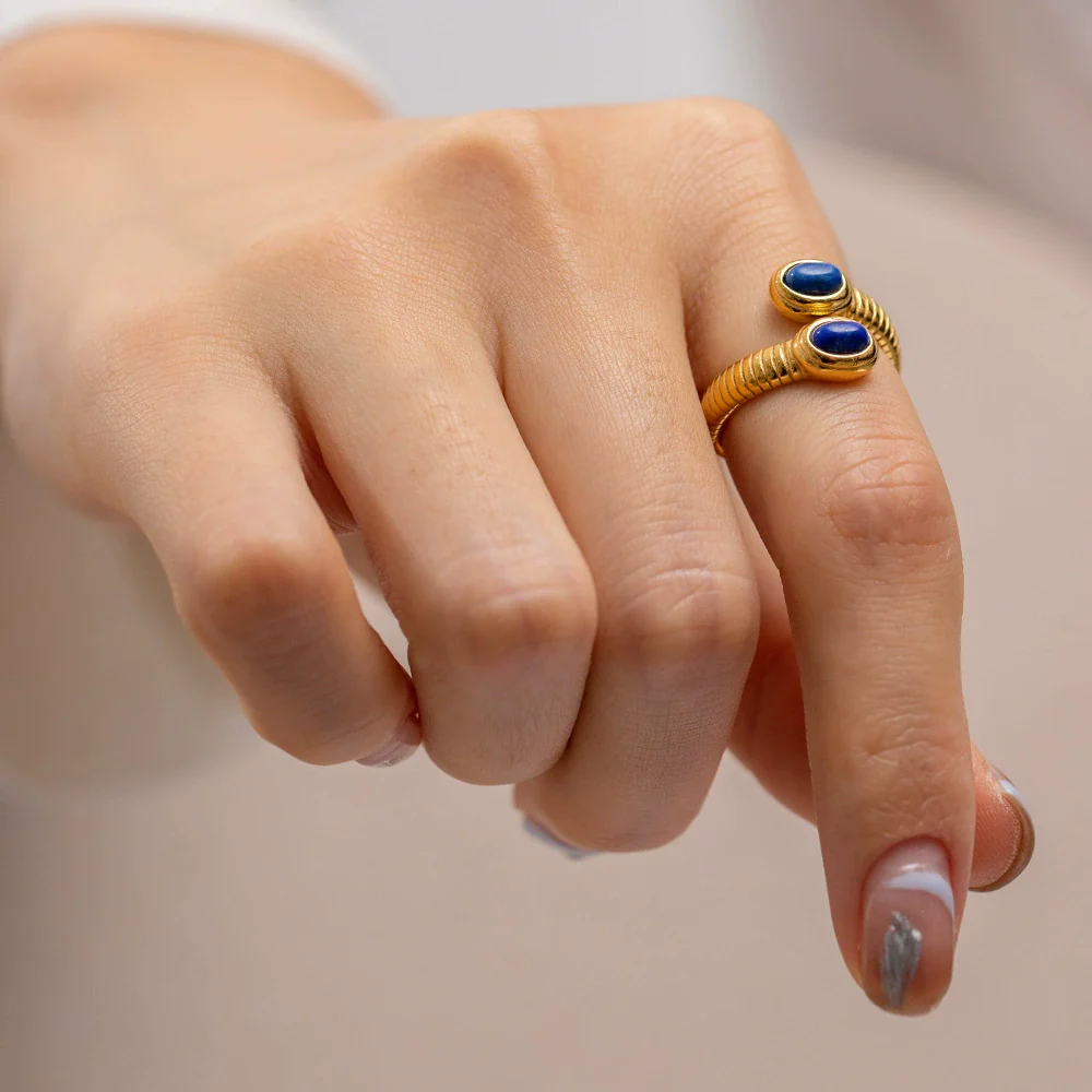 Wholesale Women's Vintage Geometric Snakeshaped Open Ring Stainless Steel Set With Precious Stones Inlaid Lapis Lazuli Turquoise - Image 4