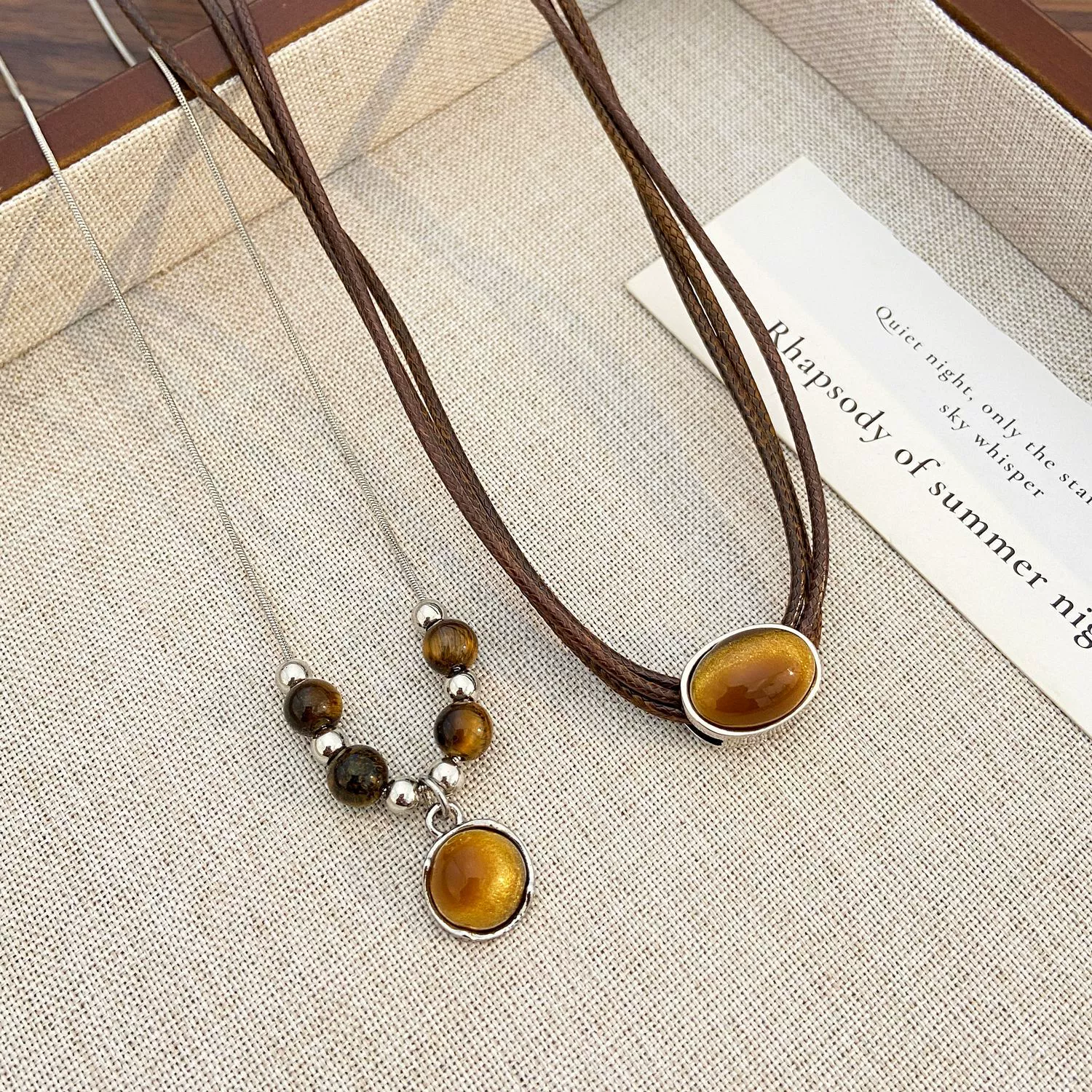 Wholesale Women's Vintage Leather Alloy Clavicle Chain Necklace With Artificial Tiger Eye Stone And Geometric Pattern Electroplated - Image 4
