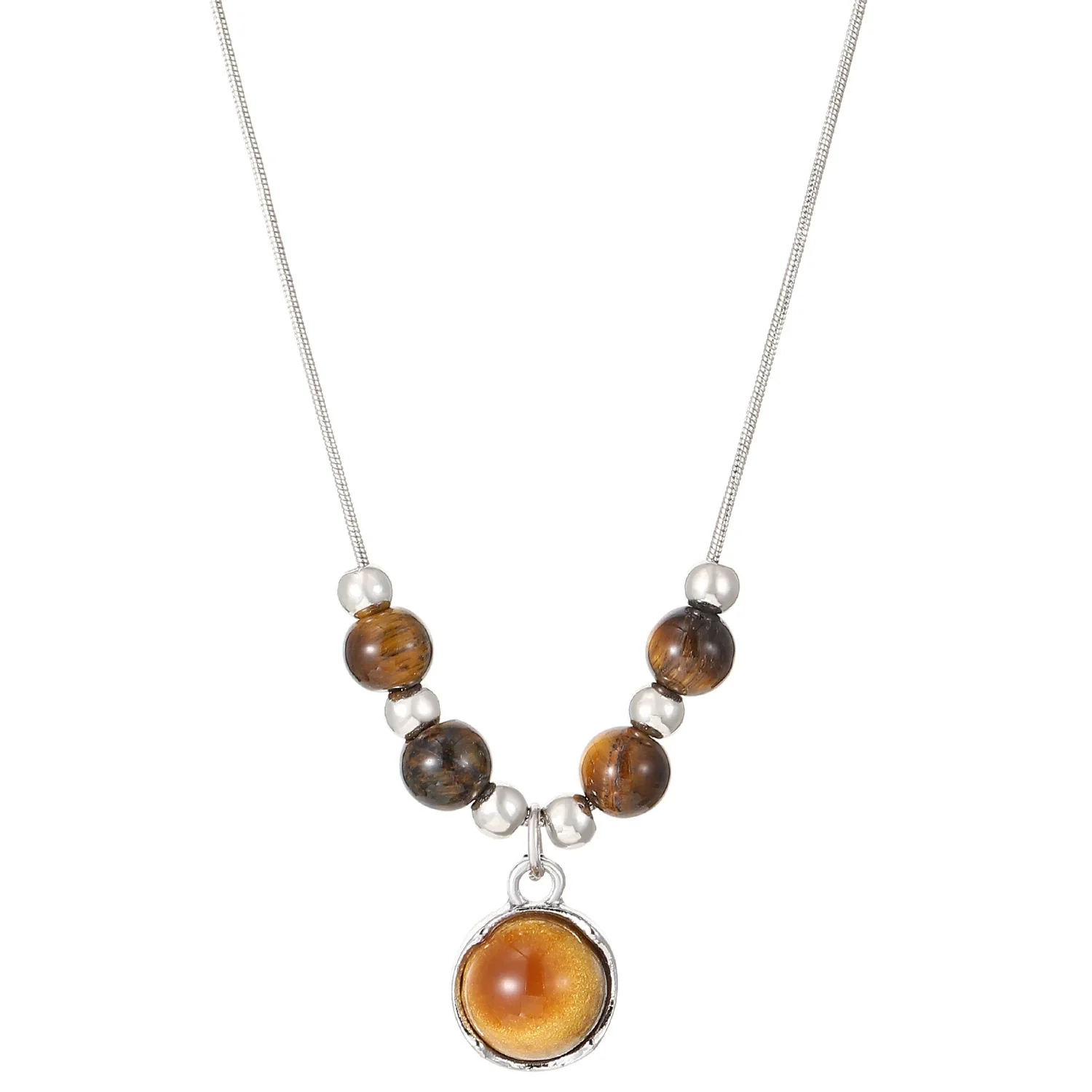 Wholesale Women's Vintage Leather Alloy Clavicle Chain Necklace With Artificial Tiger Eye Stone And Geometric Pattern Electroplated - Image 5