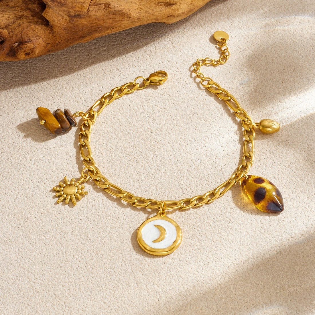 Wholesale Women's Vintage Minimalist Geometric Stainless Steel Gold Plated Tiger Eye Stone Leopard Print Bracelet With Moon Sun Pendant