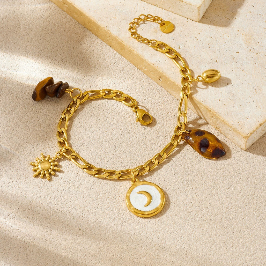 Wholesale Women's Vintage Minimalist Geometric Stainless Steel Gold Plated Tiger Eye Stone Leopard Print Bracelet With Moon Sun Pendant - Image 2