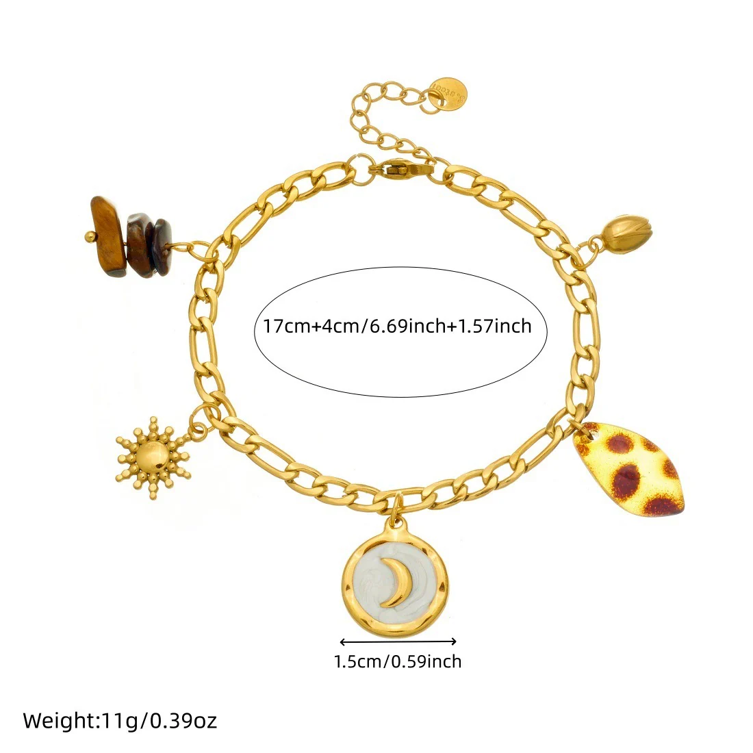 Wholesale Women's Vintage Minimalist Geometric Stainless Steel Gold Plated Tiger Eye Stone Leopard Print Bracelet With Moon Sun Pendant - Image 4