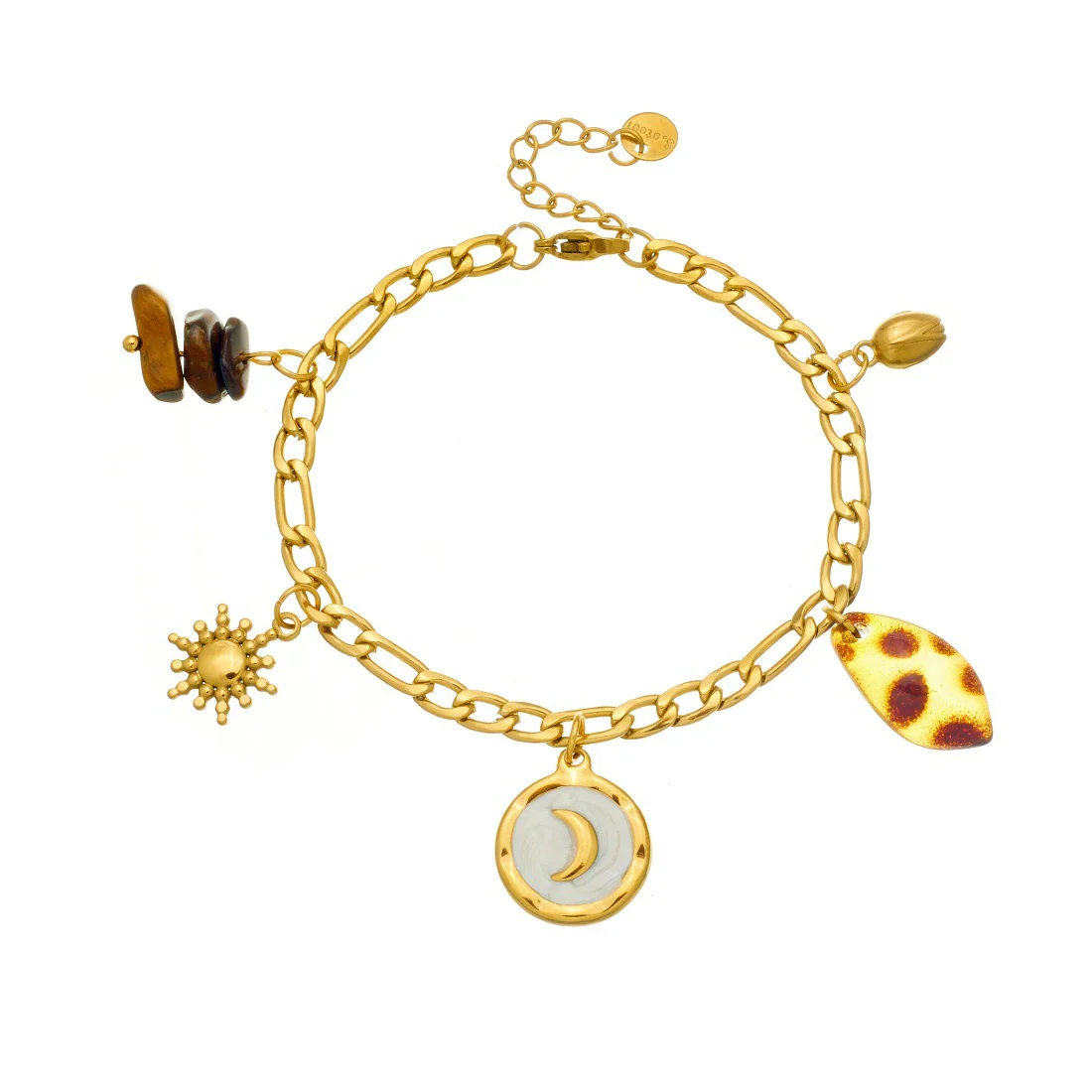Wholesale Women's Vintage Minimalist Geometric Stainless Steel Gold Plated Tiger Eye Stone Leopard Print Bracelet With Moon Sun Pendant - Image 5