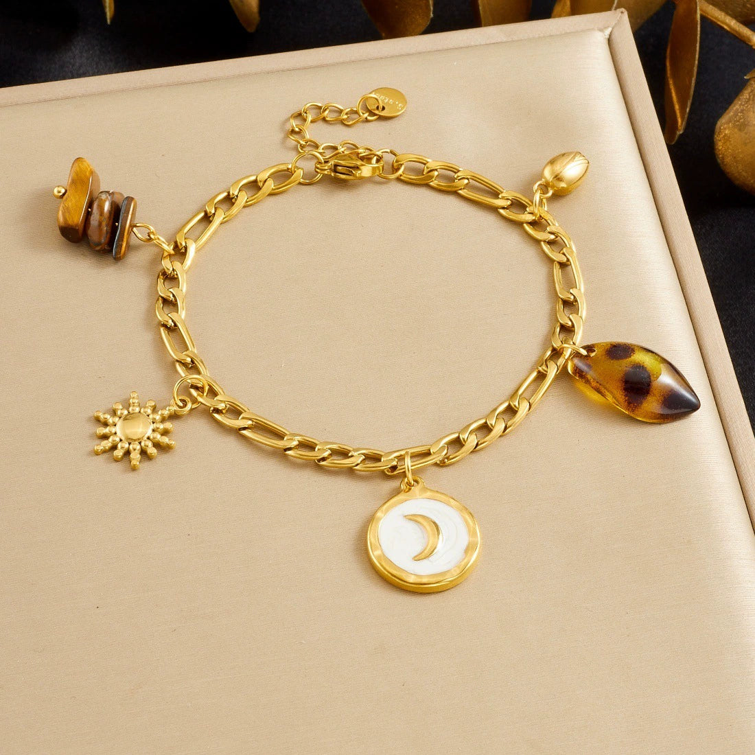 Wholesale Women's Vintage Minimalist Geometric Stainless Steel Gold Plated Tiger Eye Stone Leopard Print Bracelet With Moon Sun Pendant - Image 6