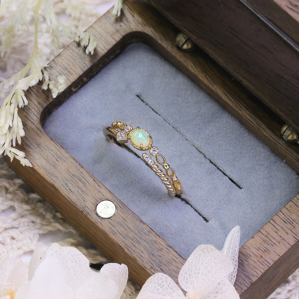Wholesale Women's Vintage Natural Opal Set With Gems 925 Sterling Silver Water Drop Hollow Ring - Image 4