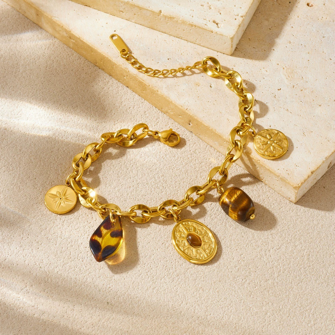 Wholesale Women's Vintage Oval Geometric Star Pattern Tiger Eye Stone Leopard Print Stainless Steel Goldplated Bracelet - Image 2