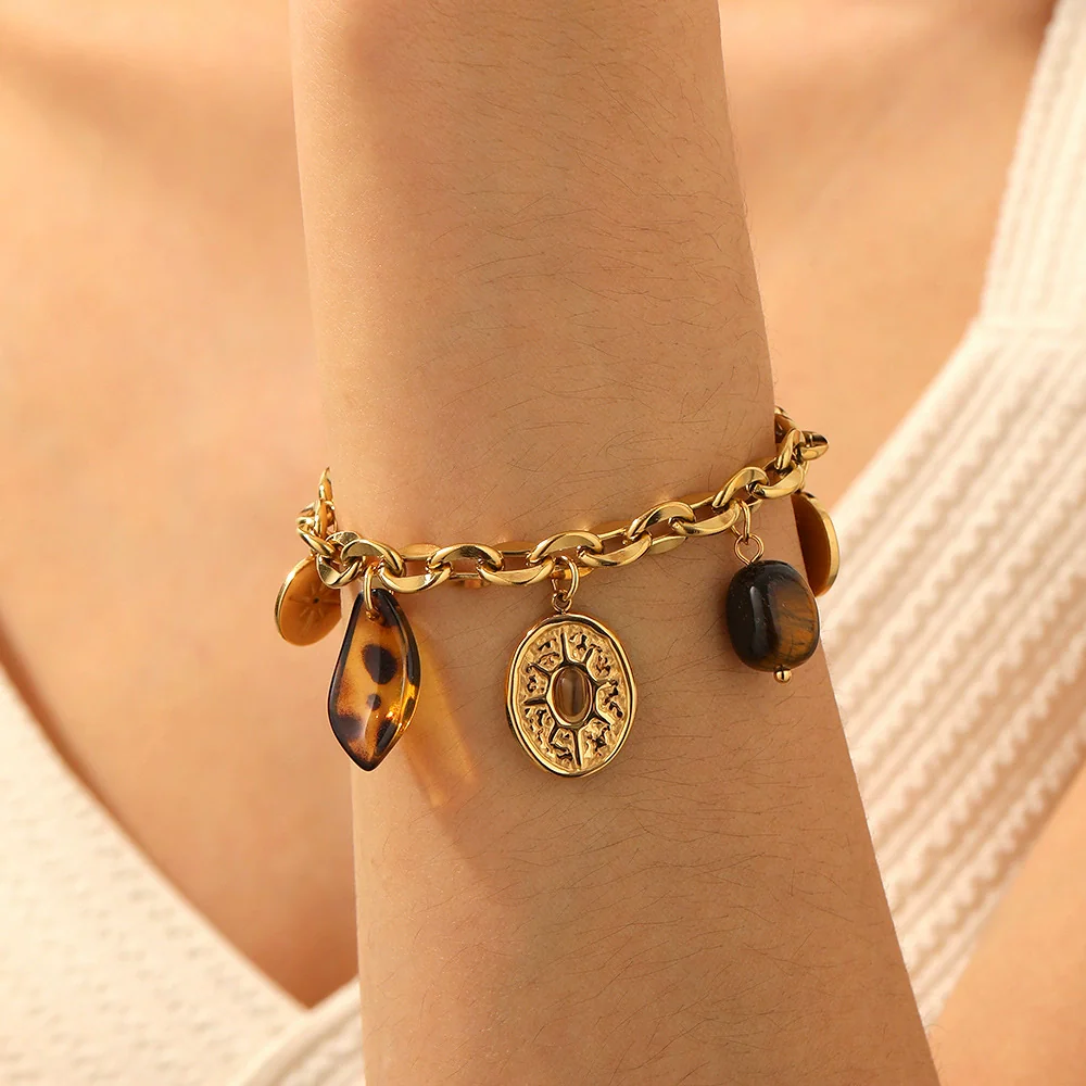 Wholesale Women's Vintage Oval Geometric Star Pattern Tiger Eye Stone Leopard Print Stainless Steel Goldplated Bracelet - Image 3
