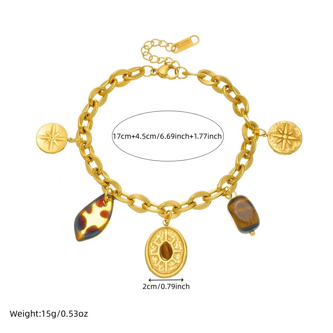 Wholesale Women's Vintage Oval Geometric Star Pattern Tiger Eye Stone Leopard Print Stainless Steel Goldplated Bracelet - Image 4