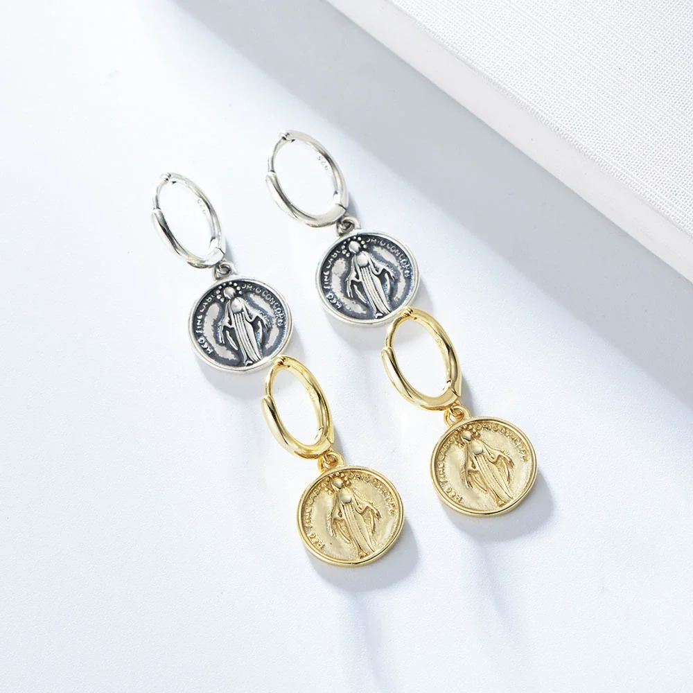 Wholesale Women's Vintage Personality Religious Geometric 925 Sterling Silver Electroplated Coin Hanging Pagoda Earrings - Image 2