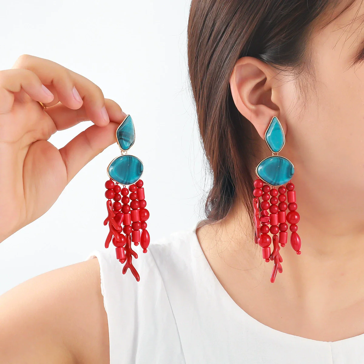 Wholesale Women's Zinc Alloy Geometric Earrings With Red Branch Tassel Light Luxury Style Electroplating