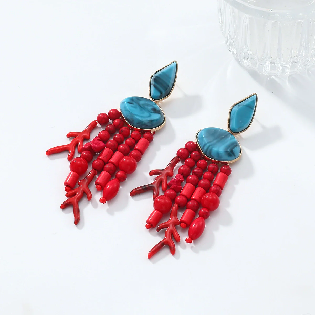 Wholesale Women's Zinc Alloy Geometric Earrings With Red Branch Tassel Light Luxury Style Electroplating - Image 2