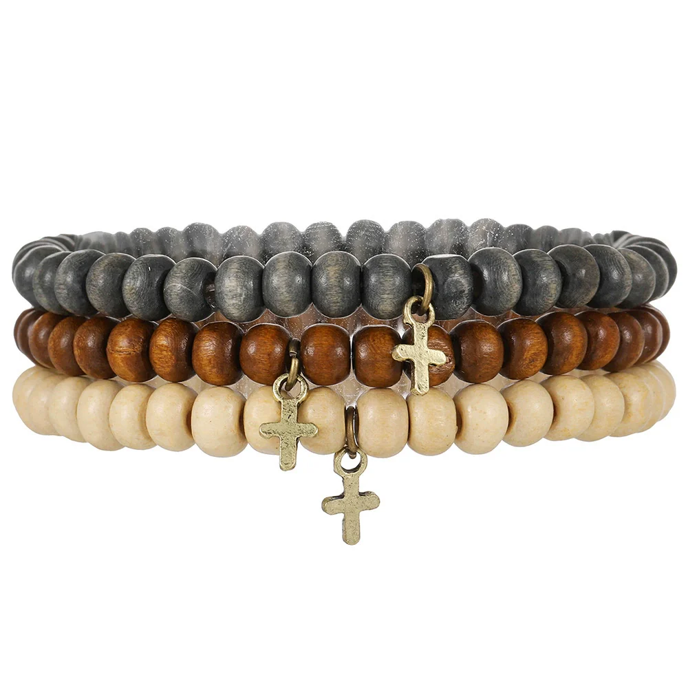 Wholesale Wooden Beads Alloy Handmade Geometric Cross Pendant Bracelet Set