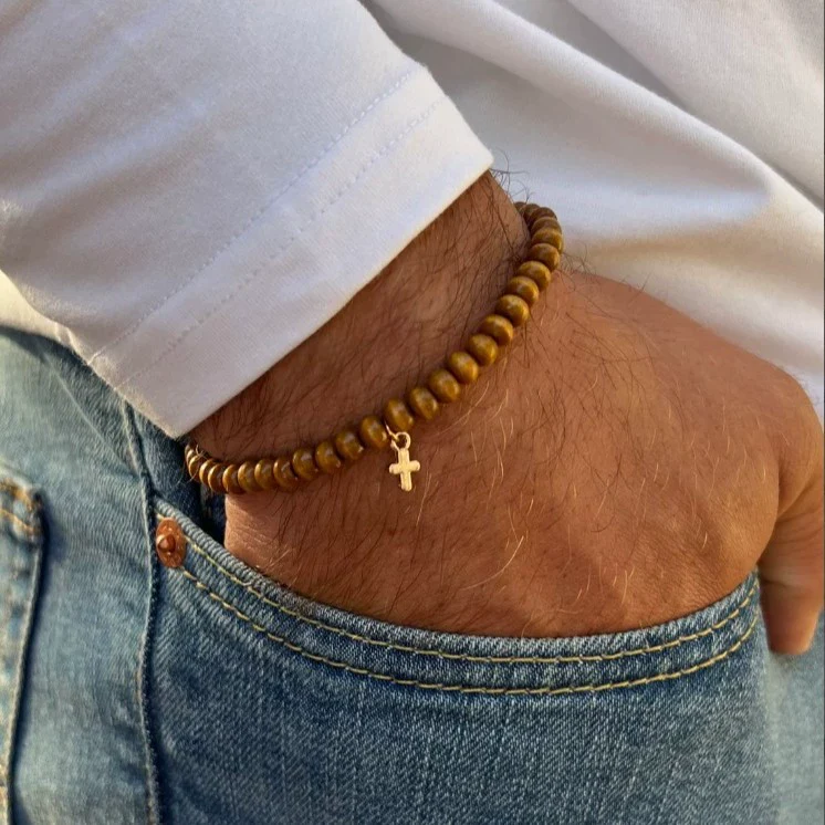 Wholesale Wooden Beads Alloy Handmade Geometric Cross Pendant Bracelet Set - Image 4